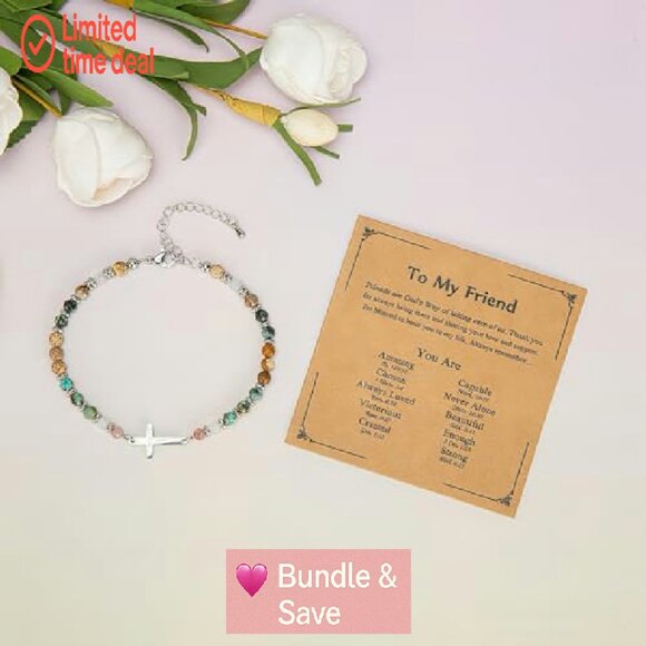 Adjustable Cross Bracelet with Natural Stones, Christian Friendship Gift - Picture 5 of 8